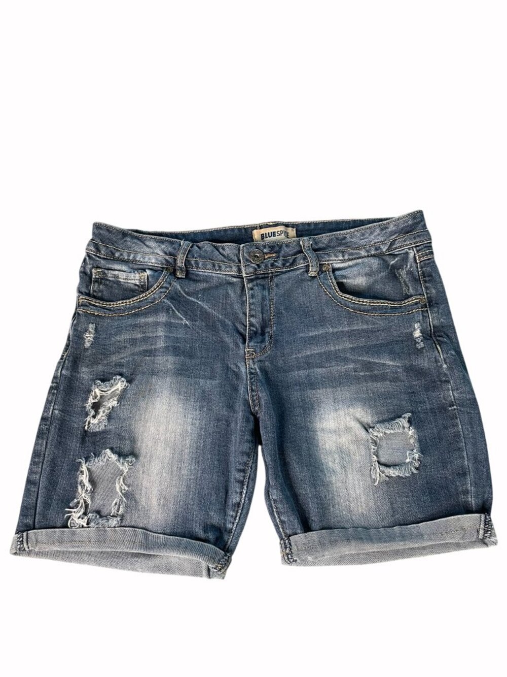 Blue Spice Women's 13/14 Blue Distressed Denim Bermuda Shorts Cuffed Stretch